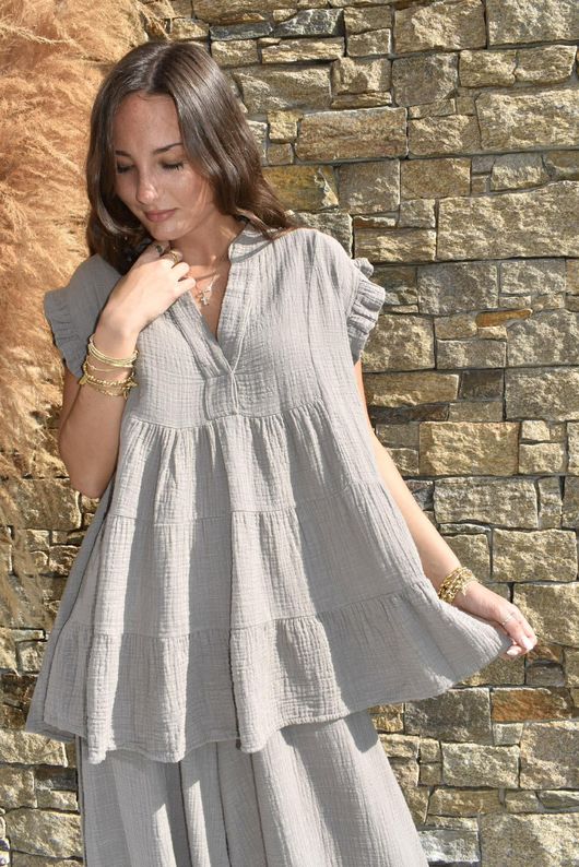 Tasha Cushion Cotton Cap Sleeve Tier Top Mocha